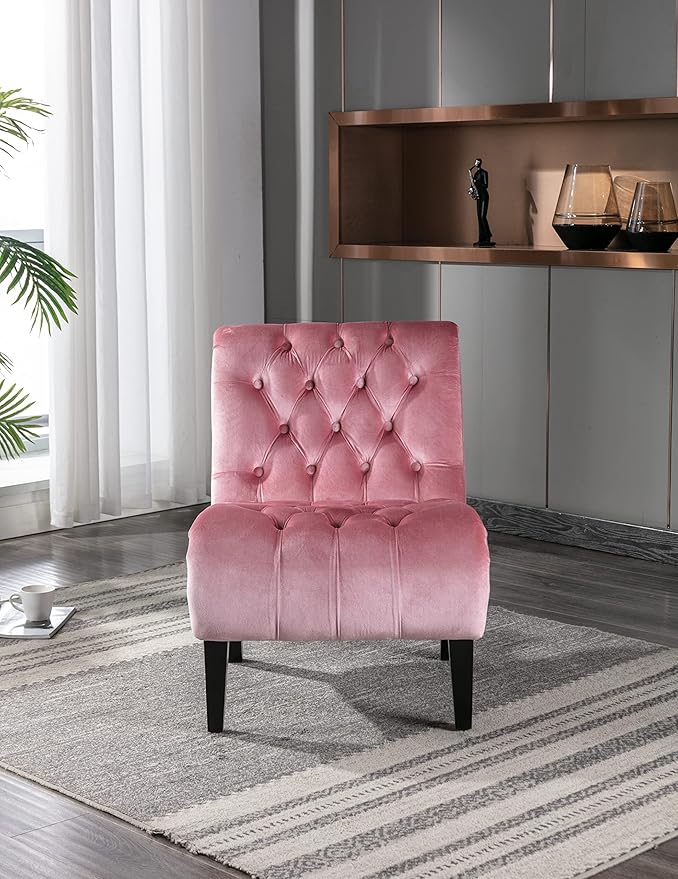 Modern Velvet Armless Accent Living Room Chair/Leisure ChairUpholstered Fabric Button Comfortable Chair with Wooden Legs for Bedroom Living Room Office (Pink Velvet)