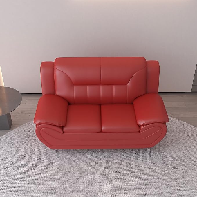 Michael Modern Faux Leather Upholstered Stainless Steel Legs Living Room Loveseat Persian Red