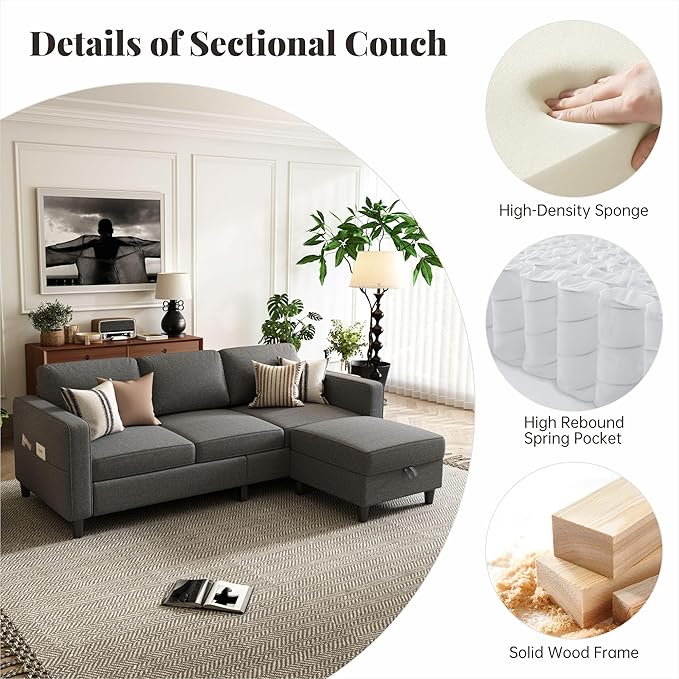 Sectional Sofa Couches for Living Room - 3-Seat Dark Gray L-Shaped Modern Sofa Couch with Reversible Storage Ottoman &amp Storage Pockets for Living Room Apartment Studio