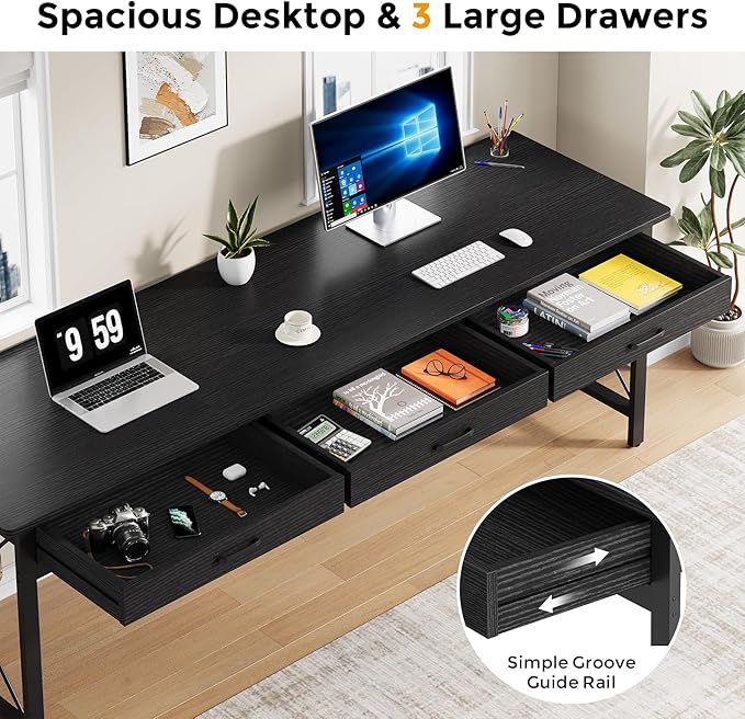 78.7 inch Extra Long Computer Desk with 3 Drawers Two Person Office Desk Double Desk with Hooks Modern Industrial Writing Study Table Workstation for Home Office Black