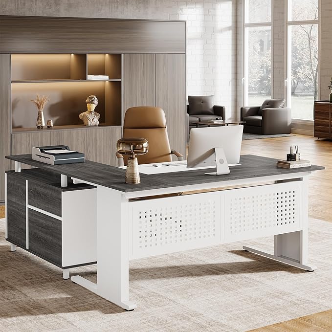 Tribesigns 63-Inch L-Shaped Executive Desk with Storage Shelves Large Office Computer Desk with Drawers and File Cabinet Industrial Business Workstation for Home Office Gray and White