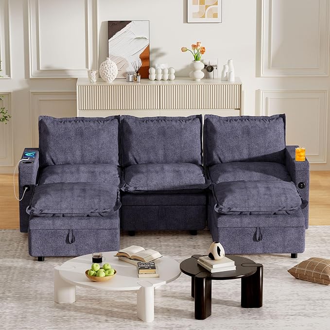 Storage Ottoman Module for Modular Sectional Sofa Living Room Coffee Table Ottoman Footrest for Convertible Sectional Couch DIY Combination Grey Chenille