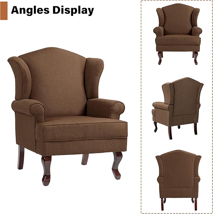 High Back Accent Chairs Set of 2 Upholstered Fabric Armchair for Living Room Mid Century Modern Club Accent Chair with Curved Armrests and Solid Legs Single Sofa Reading Chair for Bedroom Brown