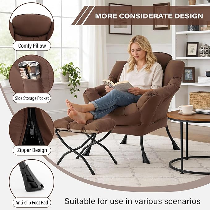 Lazy Chair with Folding Ottoman Modern Accent Armchair with Armrests and a Side Pocket &amp Foldable Footstool Reading Chair for Living Room Bedroom Dorm &amp Office Dark Brown