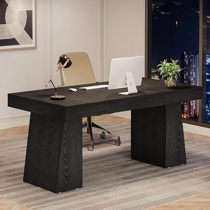 Tribesigns 55 Inches Executive Desk Mid-Century Modern Home Office Desk Wood Computer Desk Business Workstation Desk Small Conference Table Black