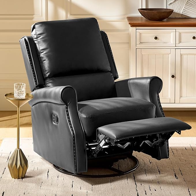 HULALA HOME Faux Leather Swivel Rocker Recliner with Adjustable Backrest and Footrest Push Back Recliner Chair with Nailhead Trim 360° Swivel Glider Rocking Chair for Living Room Bedroom Black
