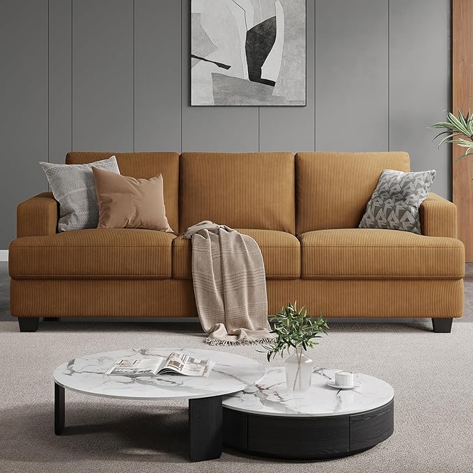 89 Inch Sofa with Extra Deep Seats Oversize 3 Seater Sofa for Living Room Modern Couch and Sofa Comfy Armrests and Seats and Backrests Easy Installation Corduroy Fabric Ginger Yellow