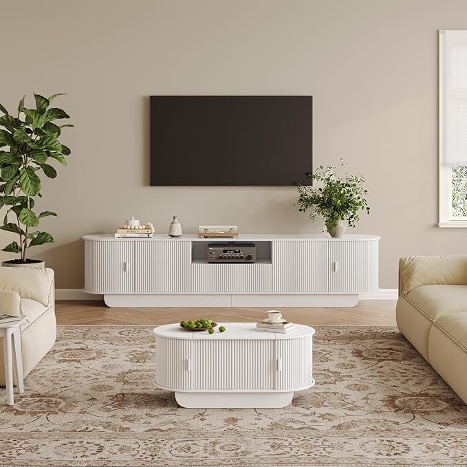 Fluted TV Stand and Coffee Table Set of 2 86.6'' TV Console for 55-85 Inch Modern Entertainment Center with Large Storage Cabinet Lift Top Coffee Table for Living Room Bedroom White