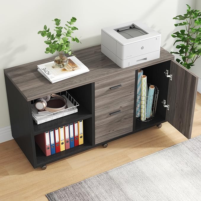 Tribesigns 47 Mobile File Cabinet with 2 Drawers Wooden Filling Cabinet for Home Office Lateral Office Storage Cabinet with Storage Shelves for Legal Size/Letter/A4/Files Grey and Black