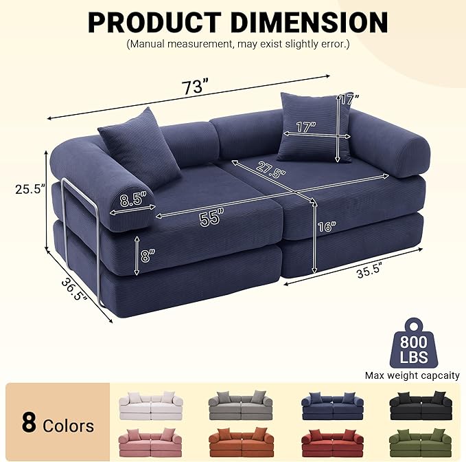 73 Convertible Sleeper Sofa Bed Corduroy Boneless Couch in a Box 4-in-1 Folding Mattress Loveseat Couch Comfy Modular Foldable Floor Sleeper Sofa with 2 Pillows and Fixed-Shape Frame (Blue 73)