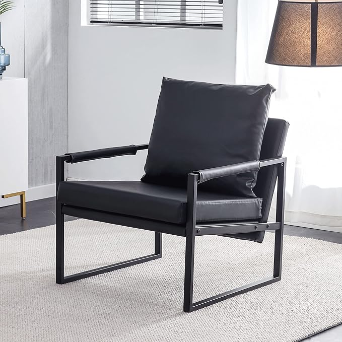 PU Leather Accent Arm Chair Mid Century Modern Upholstered Armchair with Metal Frame Extra-Thick Padded Backrest and Seat Cushion Sofa Chairs for Living Room (Black PU Leather + Metal Frame + Foam)