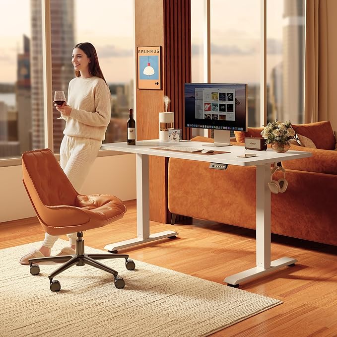 FEZIBO 48 x 24 Inchs Electric Standing Desk Height Adjustable Sit Stand Up Computer Office Desk with Splice Board White Frame/White Top