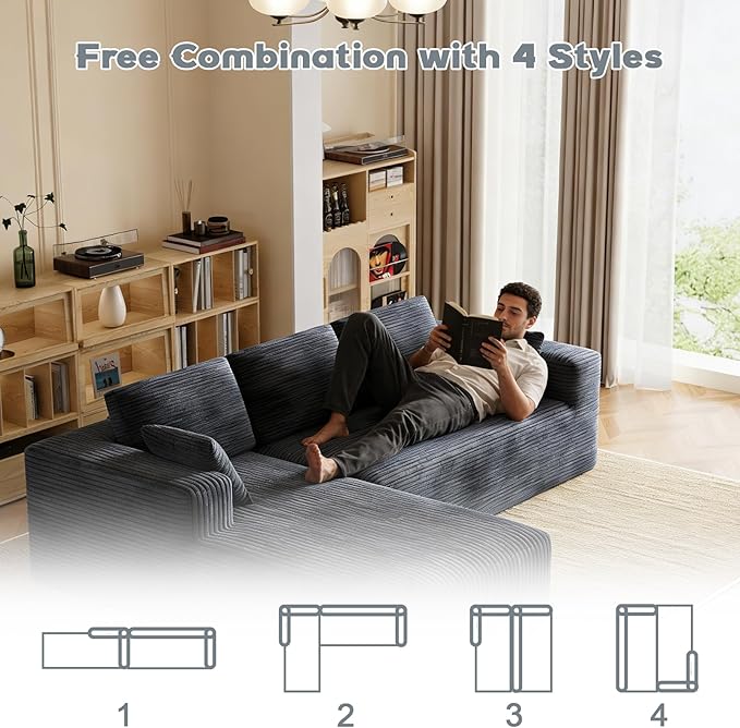 106 Corduroy Sectional Couch Boneless L Shaped Couch with Deep Seat Cloud Foam Sofa with Oversized Chaise Sectional Sofa No Assembly Needed for Living Room