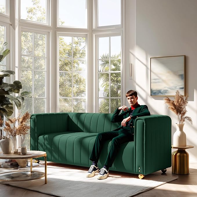 82 Deep Seat Sofa - Gold Leg Modern Couch with Serpentine Springs 750LBS Capacity &amp Fade-Resistant Fabric for Living Room (Emerald Green/Burnt Orange/Classic Black) (Green 3S)