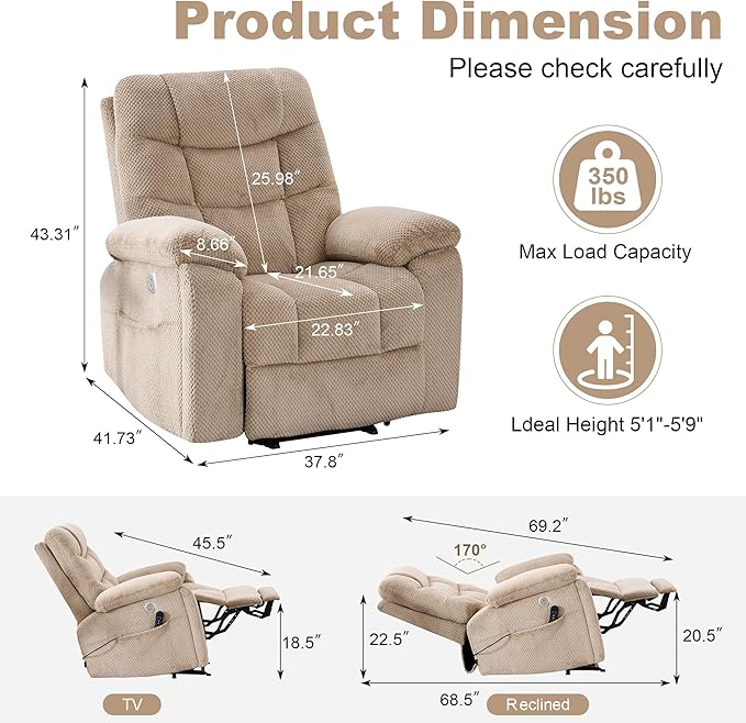 Oversized Power Lift Recliner Dual Motor Elderly Lift Chair with Independent Backrest &amp Footrest Adjustment Hidden Cupholder USB-A/USB-C Charging Ports Lounge Chair for Living Room
