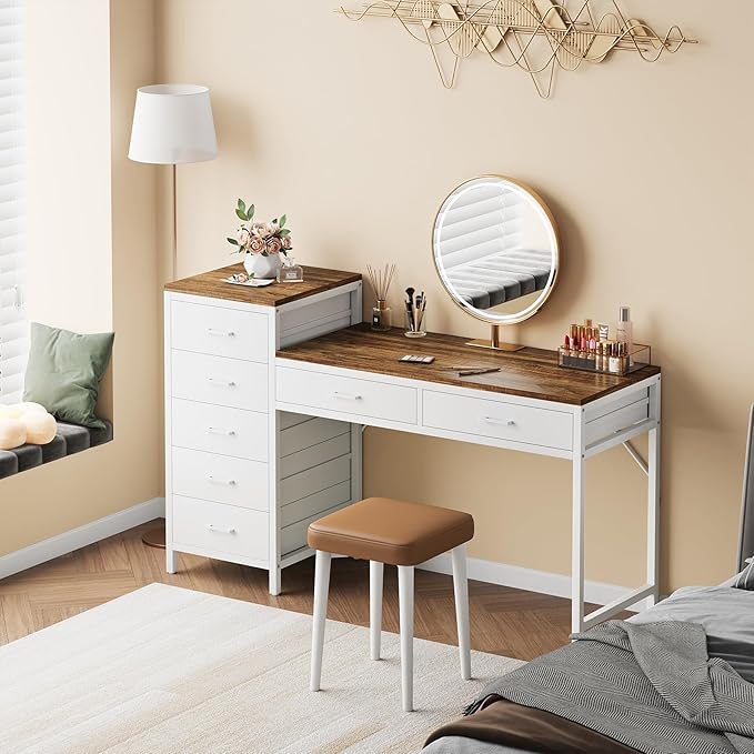 Computer Desk with Reversible Drawer 55 inch Home Office Desks with 7 Drawers Modern Compact Study Writing Table Workstation with Storage for Small Spaces Light Brown and White