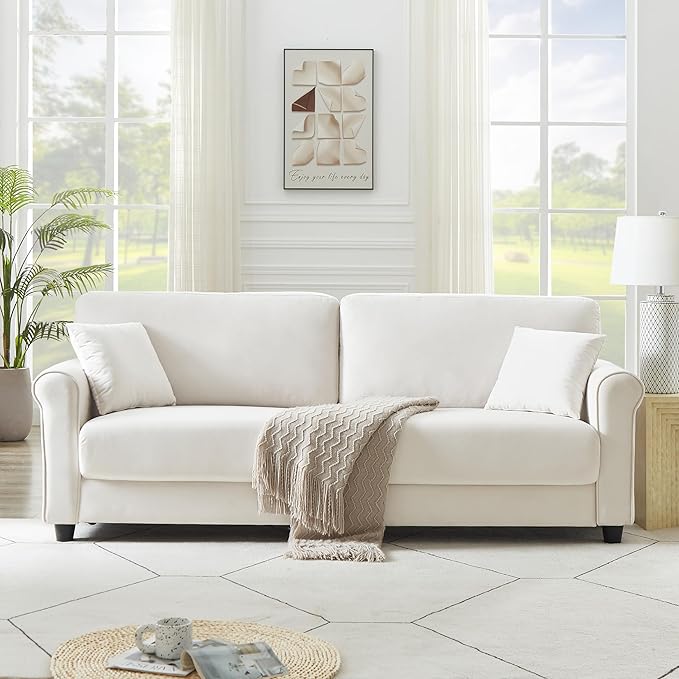 82.48 Velvet Upholstered Sofa Couch3 Seater Couch Loveseat Sofa Furniture Comfy Couches for Living Room Bedroom Small Space(Beige White)