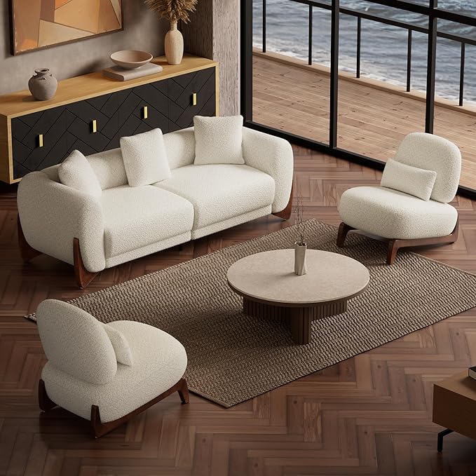 Morden Fort Boucle Chair Upholstered Accent Chair Tilted Wooden Leg with Durable Comfy Boucle Pet-Friendly Thick Cushion &amp Pillow Armless Modern Chairs for Living Room Bedroom Reading Beige