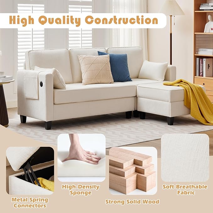 Small Sectional Couches with Storage 80 L Shaped Sectional Couch with Chaise &amp Ottoman Modular Corduroy Chenille Sofa with USB Ports&ampPocket for Living Room Apartment Office (Chenille White)