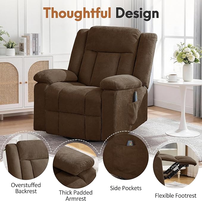 Rocker Recliner Chair for Adults 360° Swivel Rocker Recliner with Massage and Heating Nursery Rocking Chairs with Side Pockets Manual Reclining Chair for Living Room Bedroom or Nursery