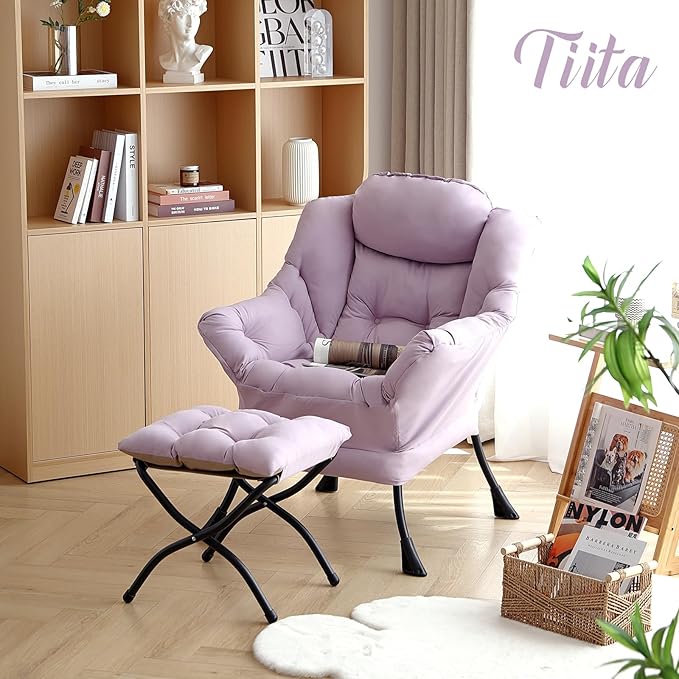 Tiita Lazy Chair with Ottoman Purple Modern Large Accent Chair Comfy Leisure Sofa Armchair with Ottoman Reading Chair with Footrest for Bedroom Living Room Dorm Rooms Purple