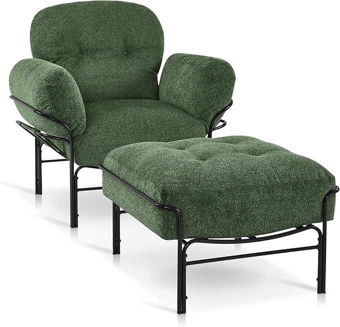 MCombo Modern Accent Chair with Ottoman Chenille Upholstered Leisure Sofa Chair for Small Space Living Room &amp Bedroom 4071 (Green)