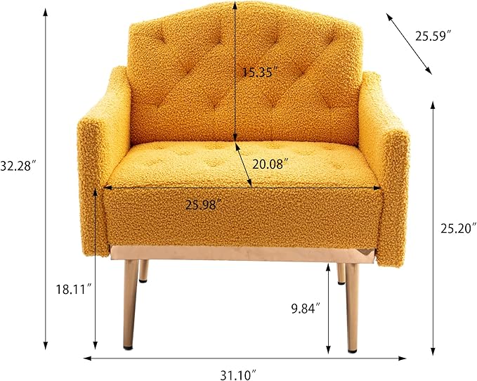 Modern Teddy Fabric Accent ChairUpholstered Button-Tufted Single SofaComfy Armchair Chair with Rose Golden Legsfor Living Room Bedroom Home Office (Mustard)