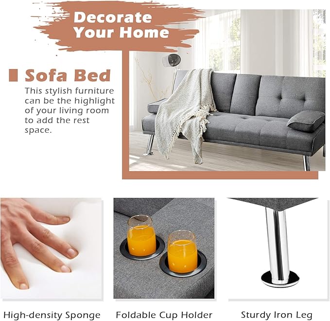 Giantex Modern Convertible Futon Sofa Bed Linen Upholstered Sofa Sleeper w/Metal Leg Removable Armrests 2 Cup Holders Backrest Adjustable Folding Sofa Bed for Apartment (Light Gray)