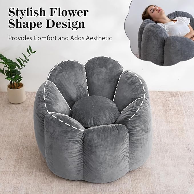 HOMMPA Bean Bag Chair for Adults Comfy Velvet Bean Bag Couch with Back Support Flower Shaped Oversized Sofa for Living RoomBedroomDormGrey