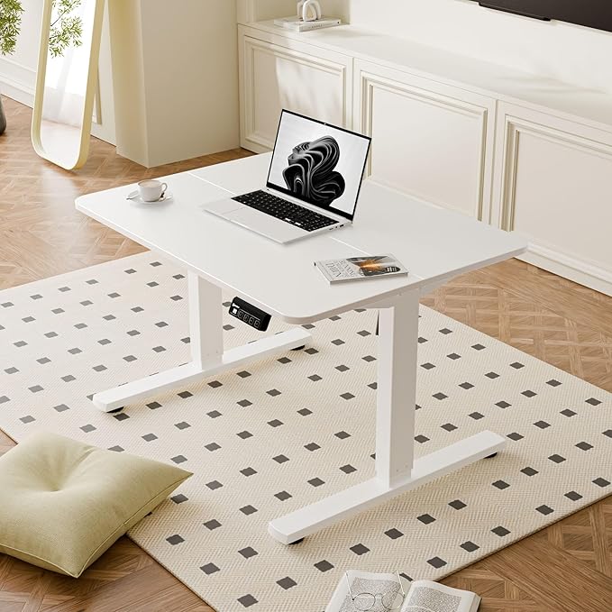 ERGOMAKER Low Height Adjustable Desk with Lockable Wheels Lifts 18.9-29.5 31.5 x 23.6 Electric Small Standing Desk with Splice Board for Home Office &amp Short People(White Frame White Desktop