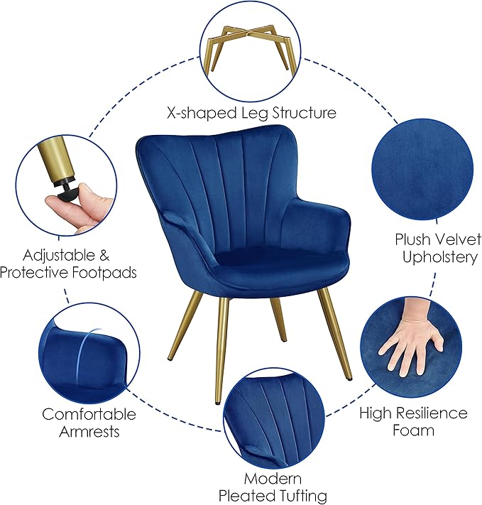 Yaheetech Velvet Accent Chair Modern Armchair with Wing Side and Metal Legs Cozy and Soft Padded and High Back for Living Room/Home Office/Bedroom Set of 2 Blue