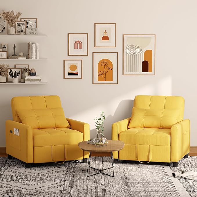 Aiho Convertible Sleeper Sofa Chair Bed 3-in-1 Adjustable with Pillow &amp Pocket - Multi-Functional in Modern Linen Fabric for Apartment Yellow