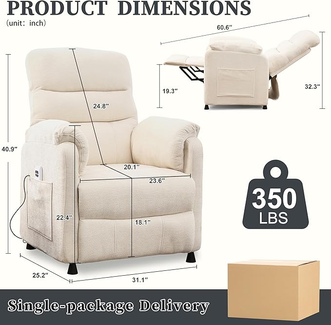 Electric Recliner Chair Power Recliner Sofa with Remote Adjustable Backrest and Side Pocket 7-Zone Support 350 LBS Soft Chenille Fabric Armchair for Living Room Bedroom Off White