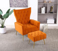 Velvet Accent Chair with Ottoman Comfy Tufted Armchair with Gold Metal Legs Modern Upholstered Wingback Chair with Footrest Set for Living Room Bedroom Lounge Office Orange