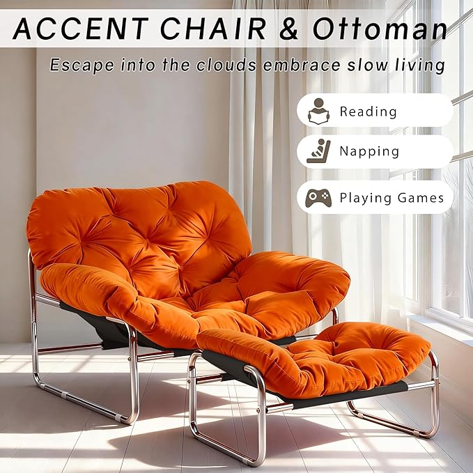 YOXIFOC Modern Style Recliner Armchair with Footrest Multifunctional Leisure Chair with Thickened Cushion and Phone Holder Suitable for Bedroom/Living Room Reading Chair/Garden/Patio (Orange)