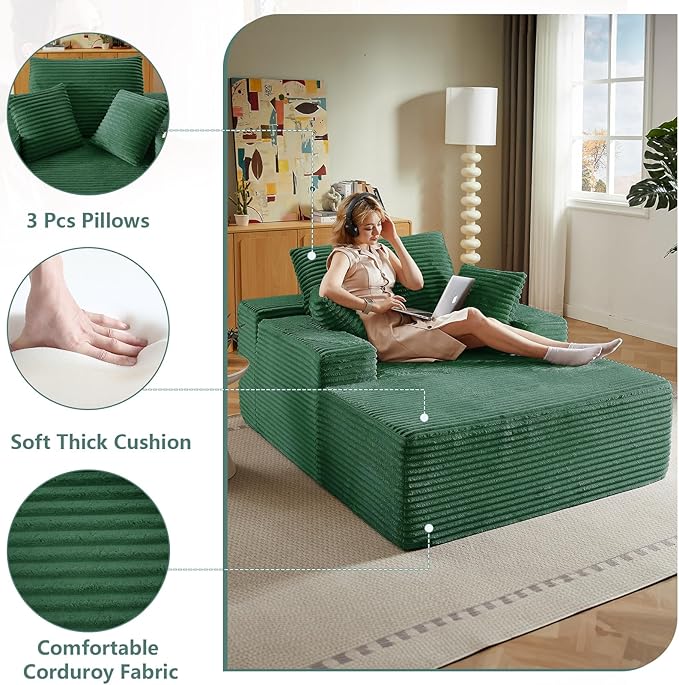 50 Oversized Chaise Lounge Chair IndoorCorduroy Boneless Reading Chair with 3 PillowsDeep Seat Cloud Sofa BedComfy Modern Sleeper Chairs in Box for Living Room BedroomNo Assembly(Green)