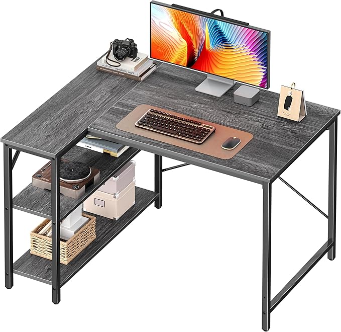 Huuger L Shaped Desk 39 Inches Computer Desk with Reversible Storage Shelves for Gaming Corner Home Office Writing Study Metal Frame Gray
