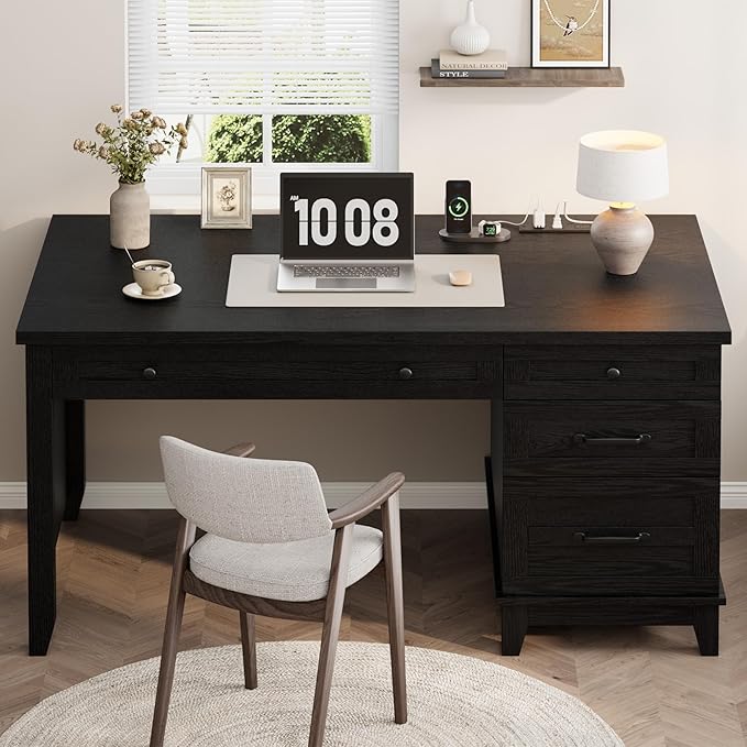 53.5 Farmhouse Home Office Desk with File Cabinet Wooden Executive Desk with Power Outlet Work Desk with Drawers Traditional Wood Desk for Home and Office Black