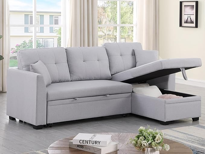BEEY Sleeper Sofa Bed 82 Small Convertible Sectional Sofa Couch with Storage Chaise L Shaped Couch with Pull Out Bed for Bedroom Living Room (Light Grey F4002)