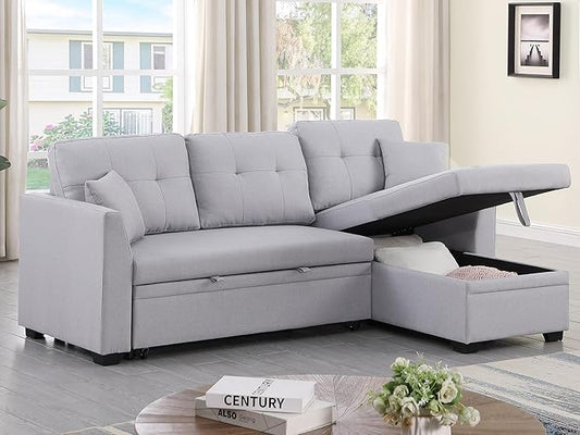 BEEY Sleeper Sofa Bed 82 Small Convertible Sectional Sofa Couch with Storage Chaise L Shaped Couch with Pull Out Bed for Bedroom Living Room (Light Grey F4002)