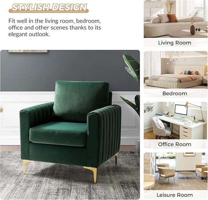 HULALA HOME Velvet Accent Club Chairs Set of 2 Modern Velvet Armchair Upholstered Accent Club Chairs Sofa Chairs with Gold Metal Legs Mid-Century Barrel Leisure Comfy Reading Armchair Green