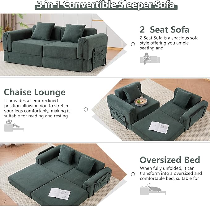 71'' Convertible Sofa Bed with Storage Pocket - Boneless Loveseat with Fixed-Shape Frame - Loveseat Sofa Bed with Pillow Support Folding Couch for Living Room Office Bedroom (Green)