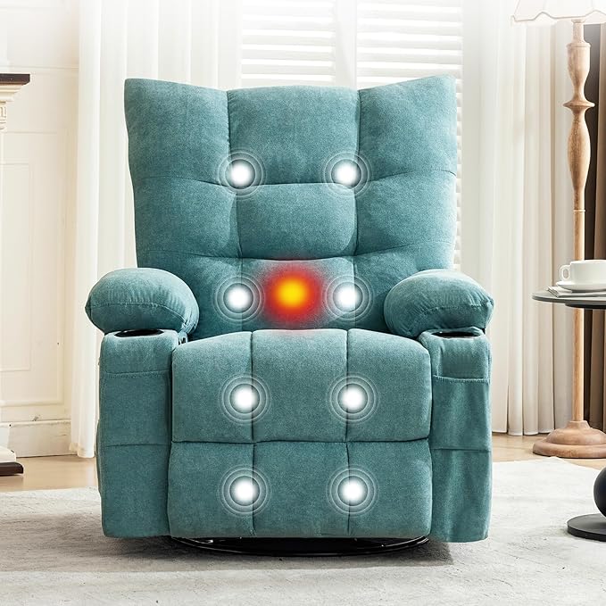 IDEALHOUSE Recliner Chair with Massage and Heat Swivel Rocker Recliner Chair with Side Pocket Cup Holders Ergonomic Rocking Sofa for Living Room Bedroom Light Blue