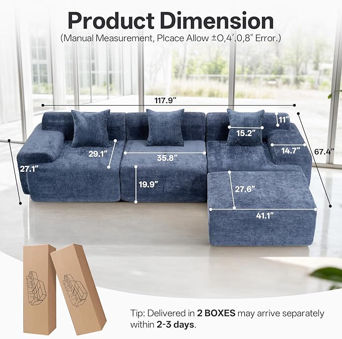 118 Cloud Sectional Couch for Living Room L-Shaped Modern Modular Sectional Sofa Boneless 4-Seater Lounge Couch with Deep Seat and Movable Ottoman No Assembly Blue