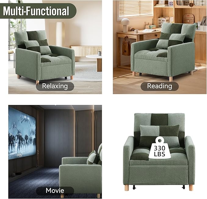 Sleeper Sofa Bed 3-in-1 Convertible Chair Bed Multi-Functional Sleeper Chair Soft Teddy Fabric for Living Room Apartment Office (Green)