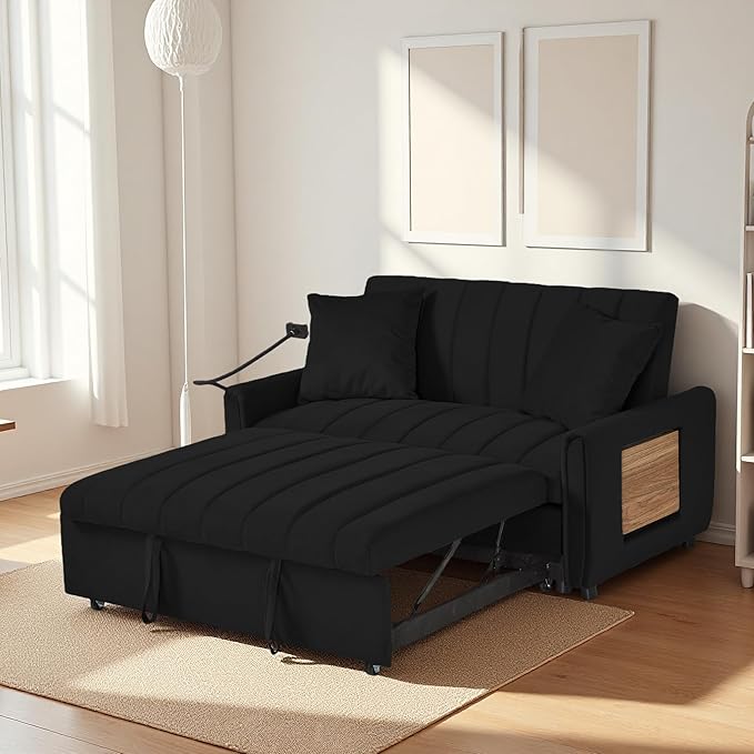 Loveseat Sleeper Sofa 3 in 1 Convertible Sofa Bed Adjustable Backrest Comfy Pull Out Couch Modern Upholstered Sofa for Living Room Bedroom Apartment Small Space (d-Black)