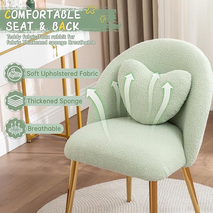 Vanity ChairAccent Makeup Comfy Cute Desk Girls Fluffy Chairs for Bedroom No Wheels Gold Metal Legs Stool (Teddy Green)