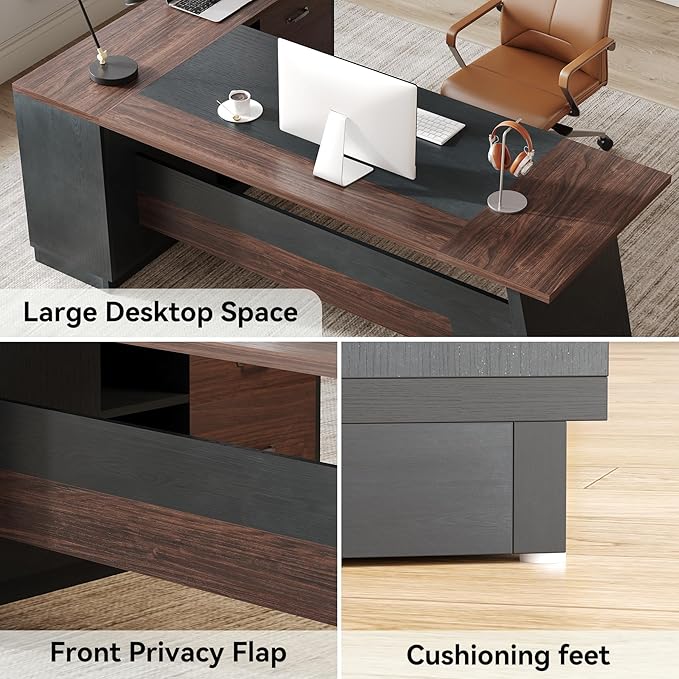 LITTLE TREE 78-Inch Executive Office Desk with File Cabinet Large Modern Corner Office Desk for Home Office 3-Drawer Wood File Cabinet Spacious Workstation for Home Office (Brown &amp Black)
