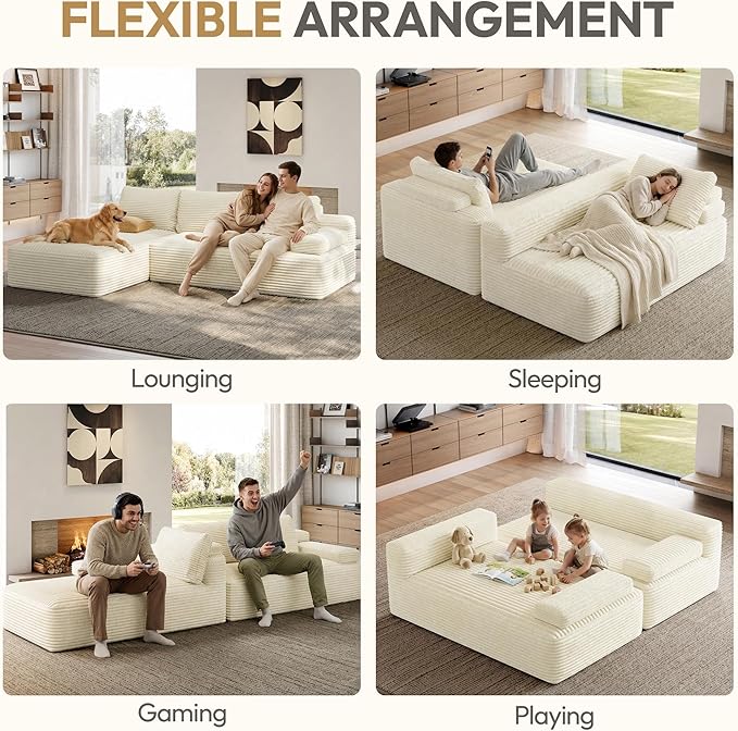 Yaheetech 110 Modular Sectional Sofa Corduroy Boneless Couch with Chaise L-Shape Cloud Couch with Detachable Pillows No Assembly Sofa for Living Room Beige