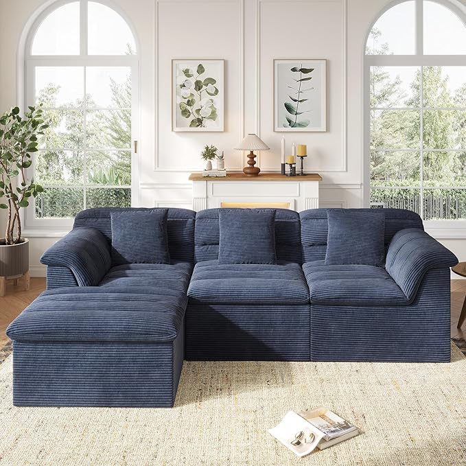 112 Boneless Sectional Couches for Living Room Modular Cloud Sectional Sofa with Ottoman Deep Seat Compressed Couch Bed Modern Upholstered L-Shape Corduroy Sofa No Assembly Required Blue